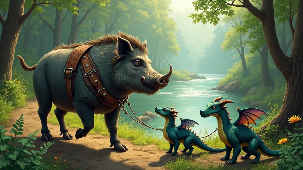 Boar Walks Dragons in Whimsical Forest