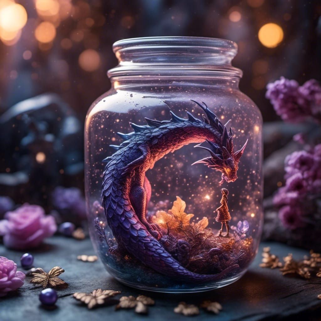 Fairy and Dragon Trapped in Glass Jar
