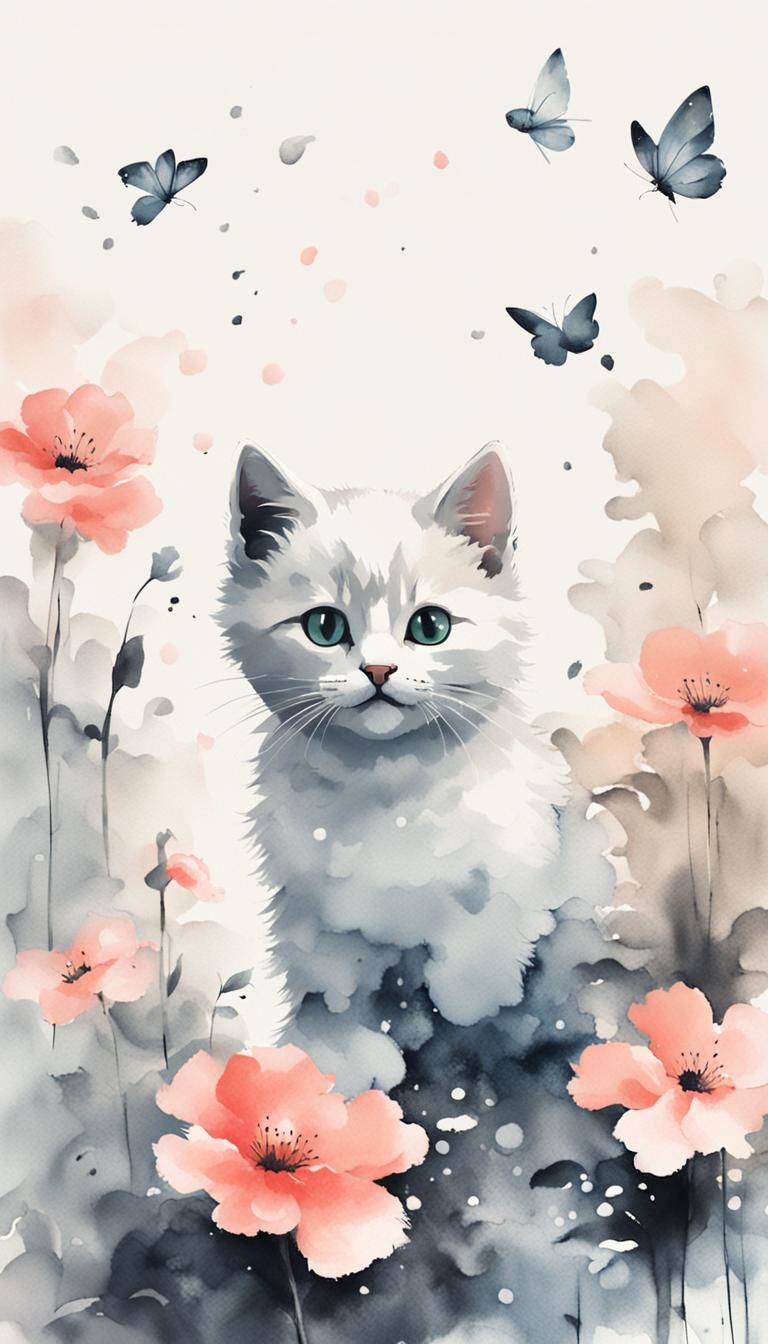 Kitten Plays in Flower Garden: Chinese Ink Painting