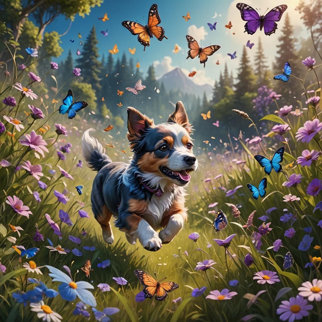 Dog Chasing Butterflies in Lush Meadow: Digital Painting