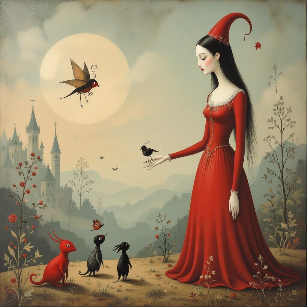 Surreal Red Tamer with Whimsical Creatures
