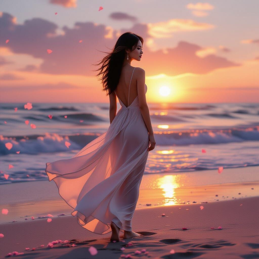 Sunset Beach: Asian Woman in Silk Dress, Soft Focus