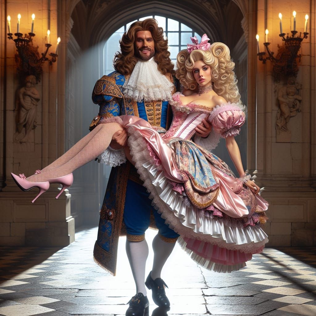 Jester Carries Princess in Grand Castle Setting