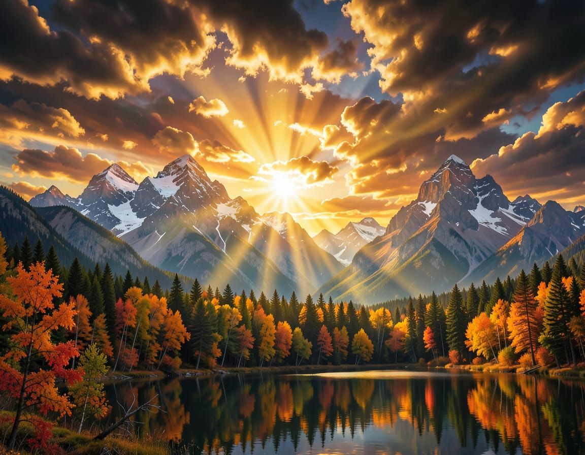 Fantastical Autumn Landscape with Radiant Sunlight and Mount...