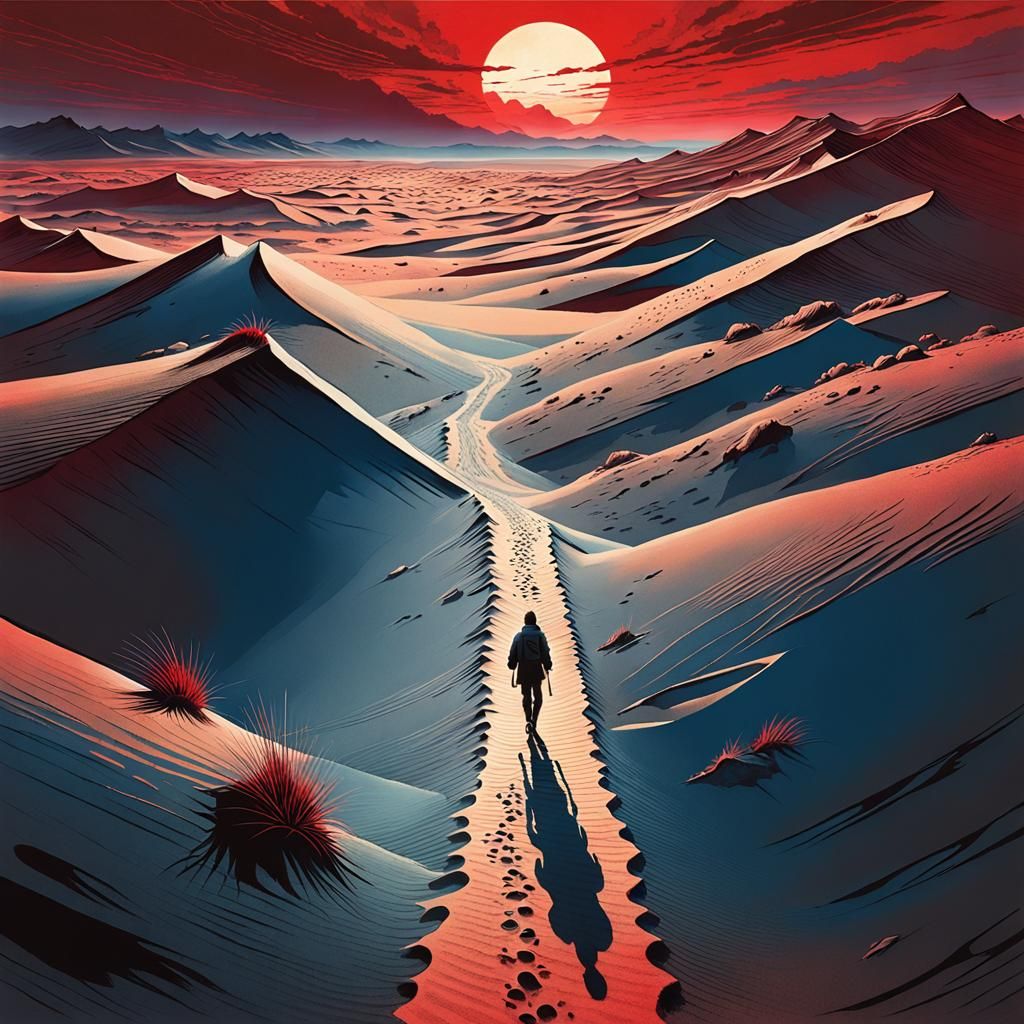 Dystopian Desert Sunset: Ink Illustration