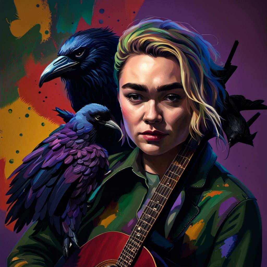 Florence Pugh as Joker with Raven, Hyperrealistic Art