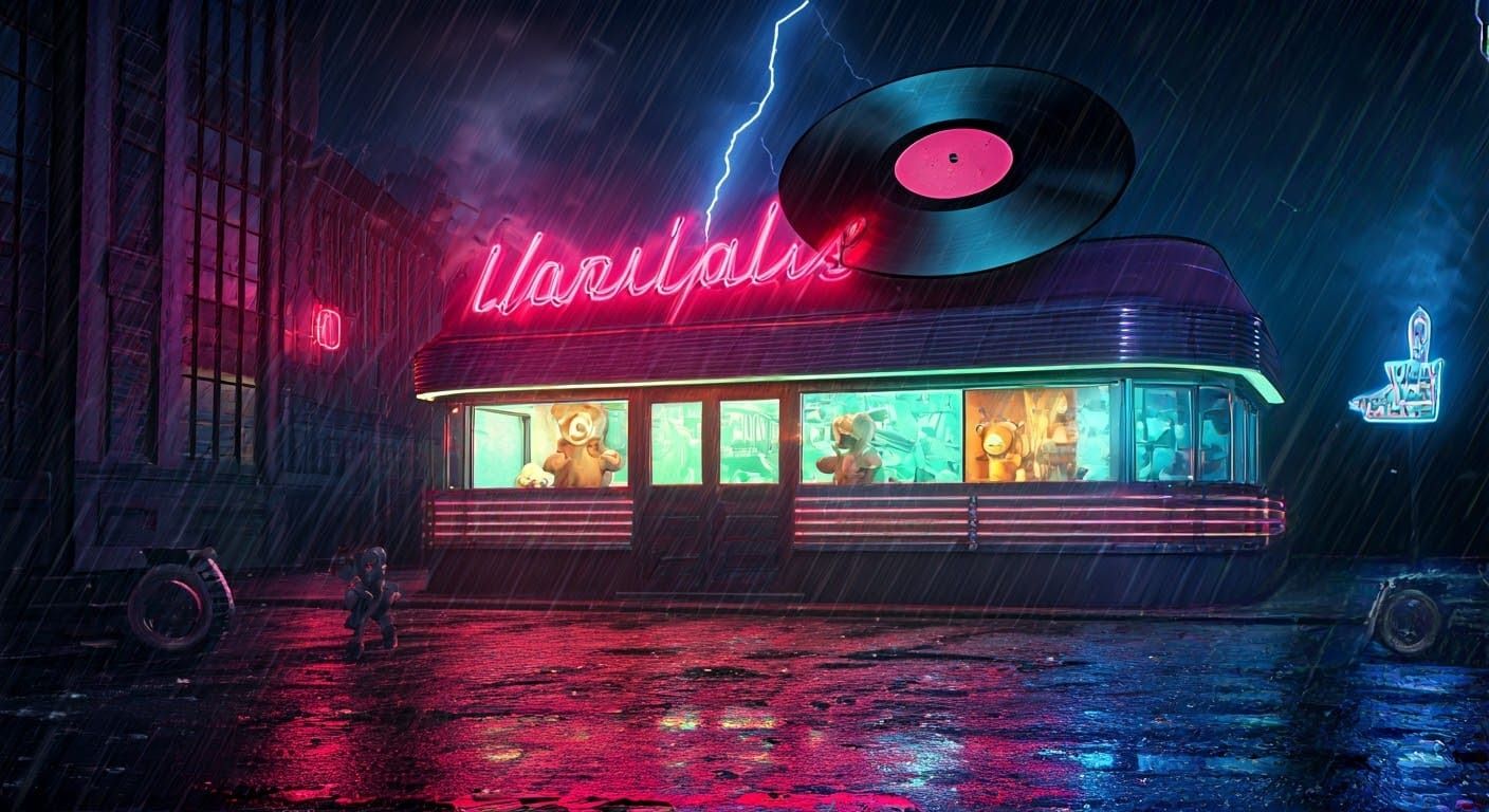 Surreal 1950s Diner in Storm With Steampunk Bears