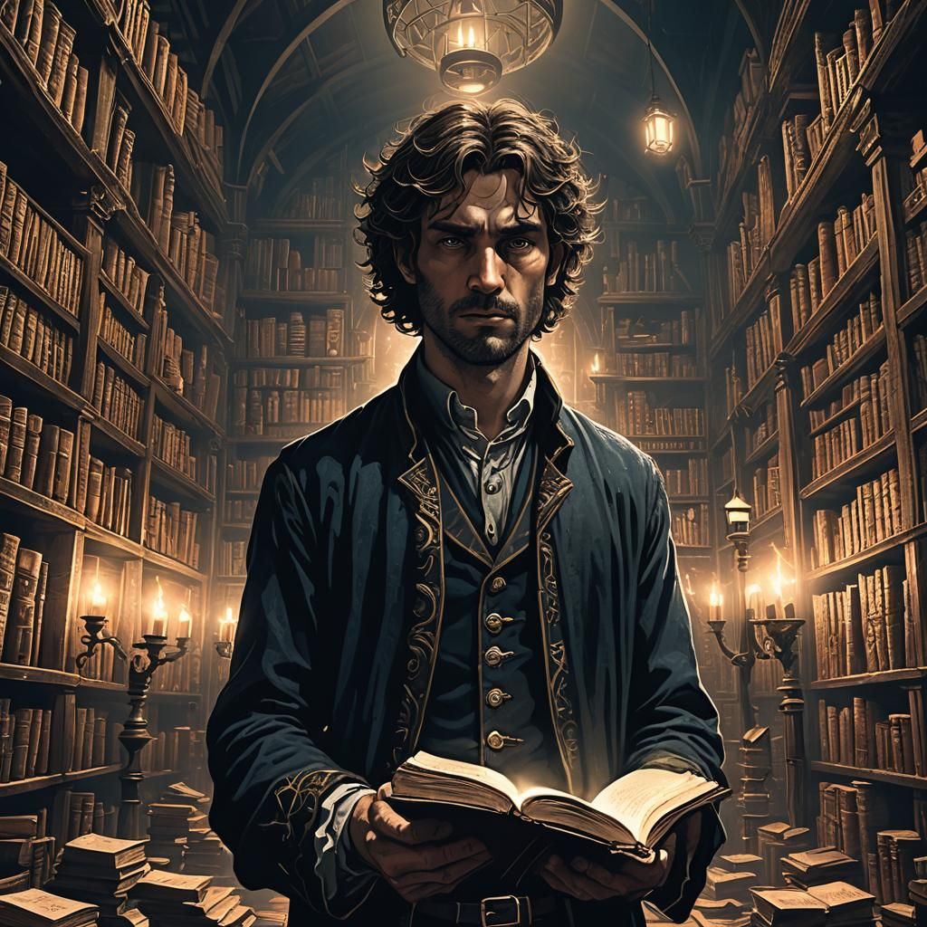 Mystical Dark Fantasy Man in Library, Inspired by Doré