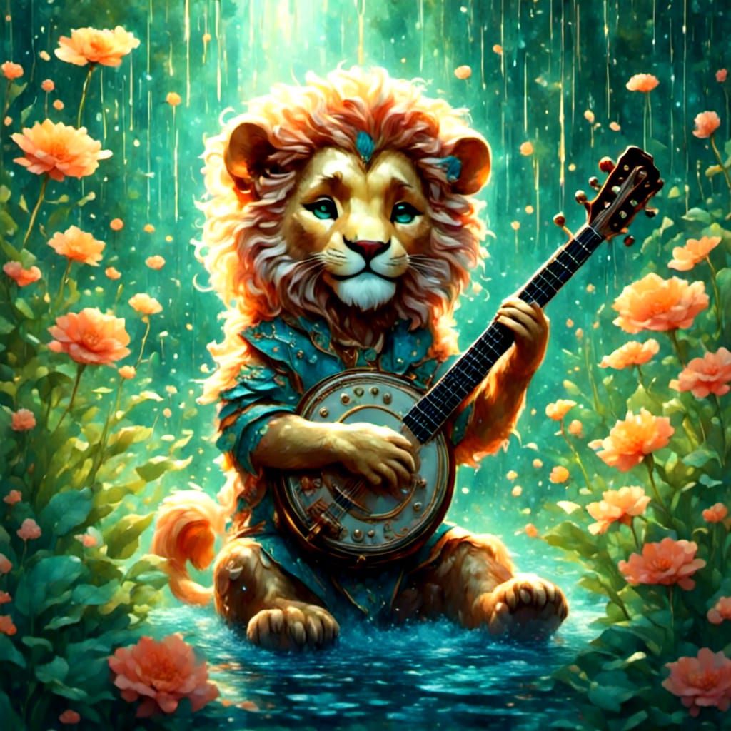 Lion Playing Banjo in Cute Pastel Style
