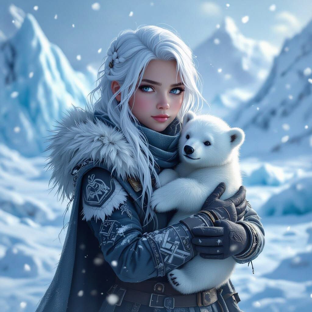 Icy Girl with Polar Bear in Frozen Tundra