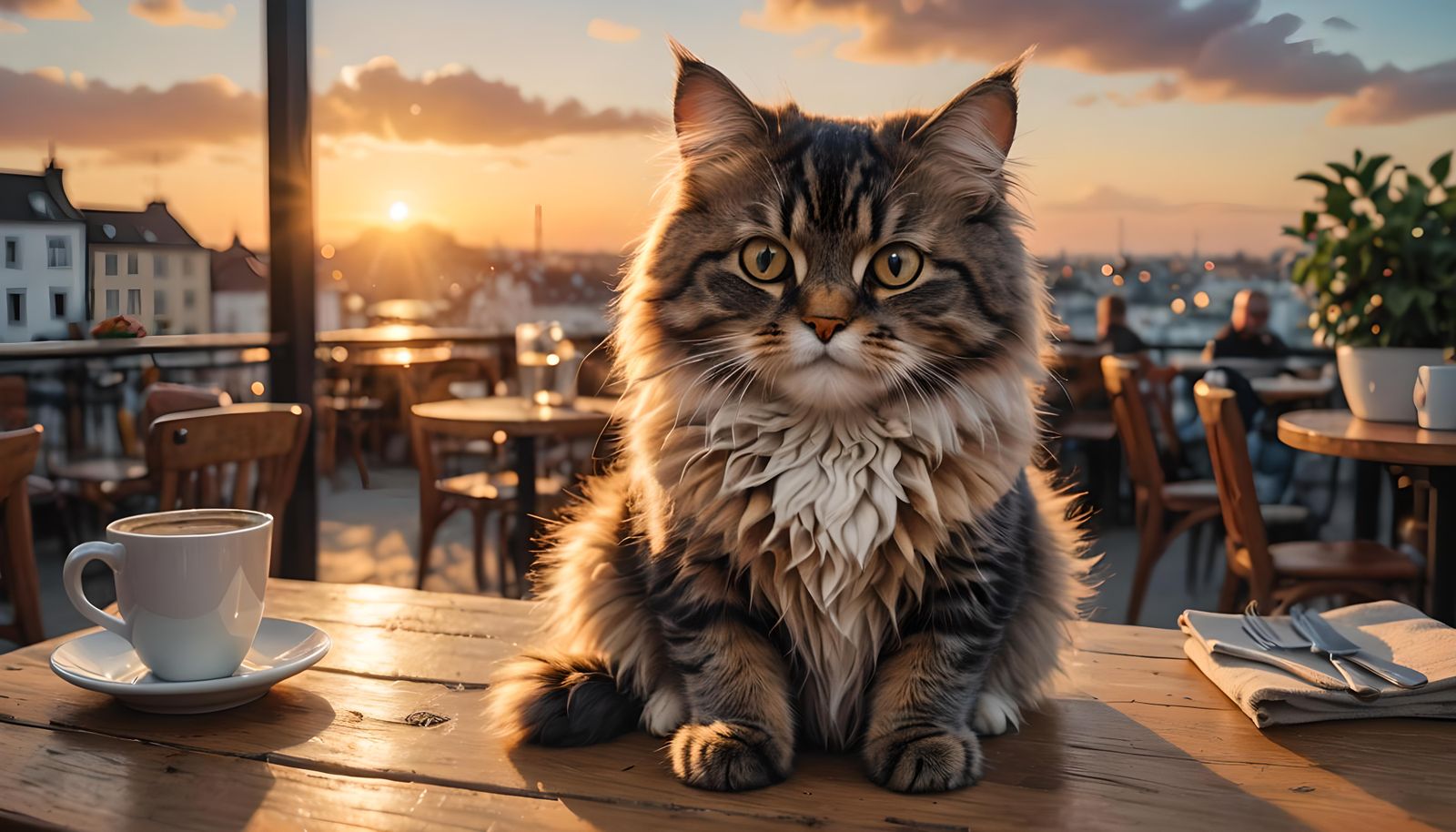 Cute Fluffy Cat on Cafe Table at Sunset