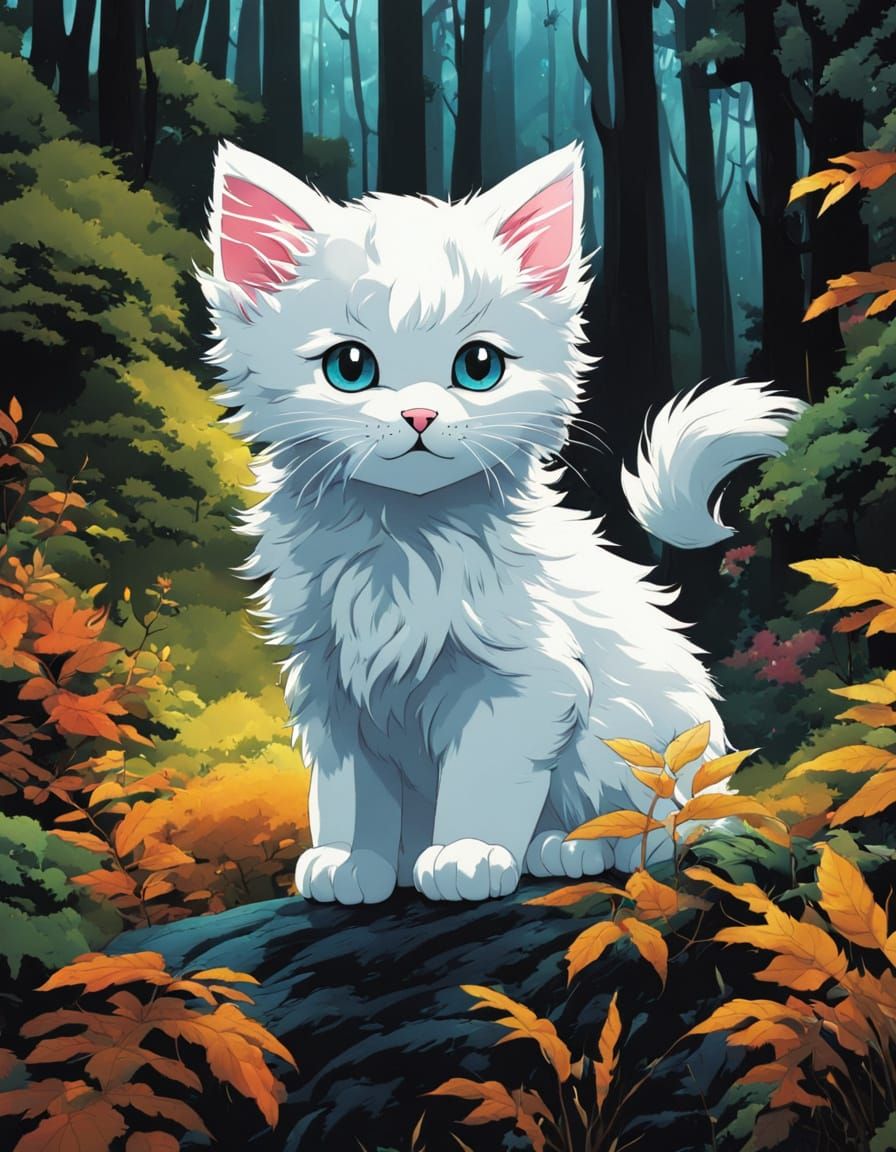 Whimsical Anime-Inspired Cartoon Kitten Amidst Dark Forest