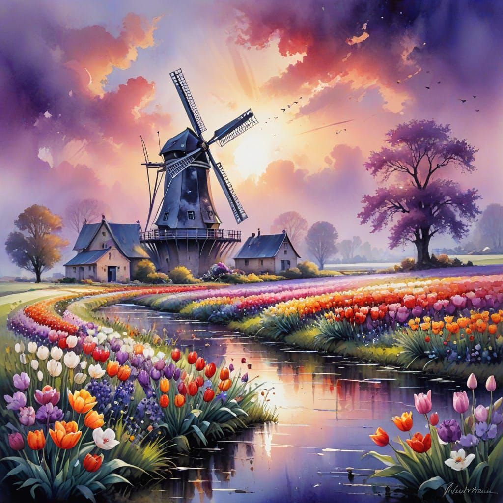 Vibrant Dutch Landscape in Whimsical Watercolor Style