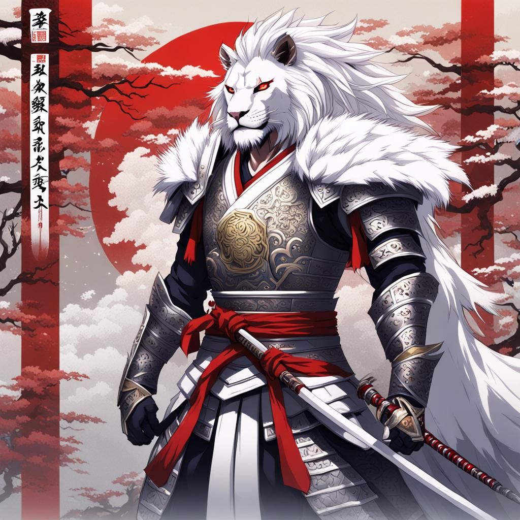 Lion Samurai in White Armor, Anime Style