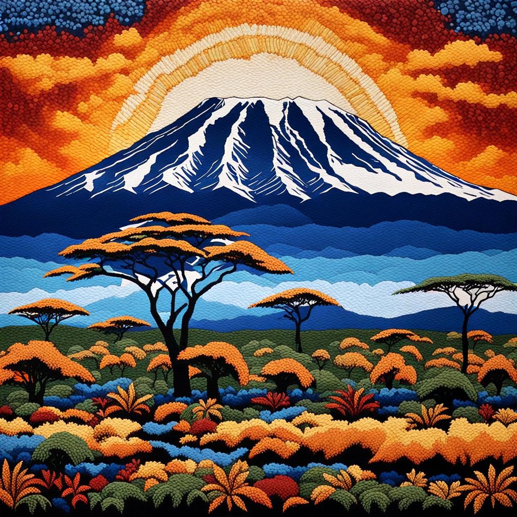 Kilimanjaro in African Textile Art Style