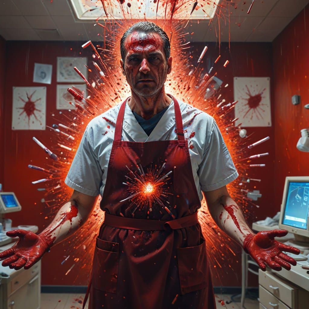 Surreal Surgeon in Bloody Apron, Amidst Pointillist Chaos