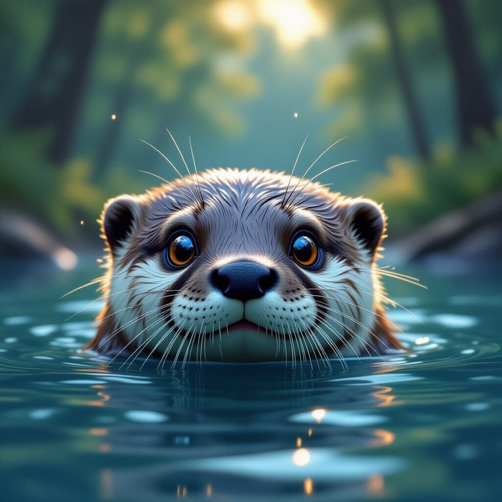 Otter Face with Realistic Eyes Peeking from Water