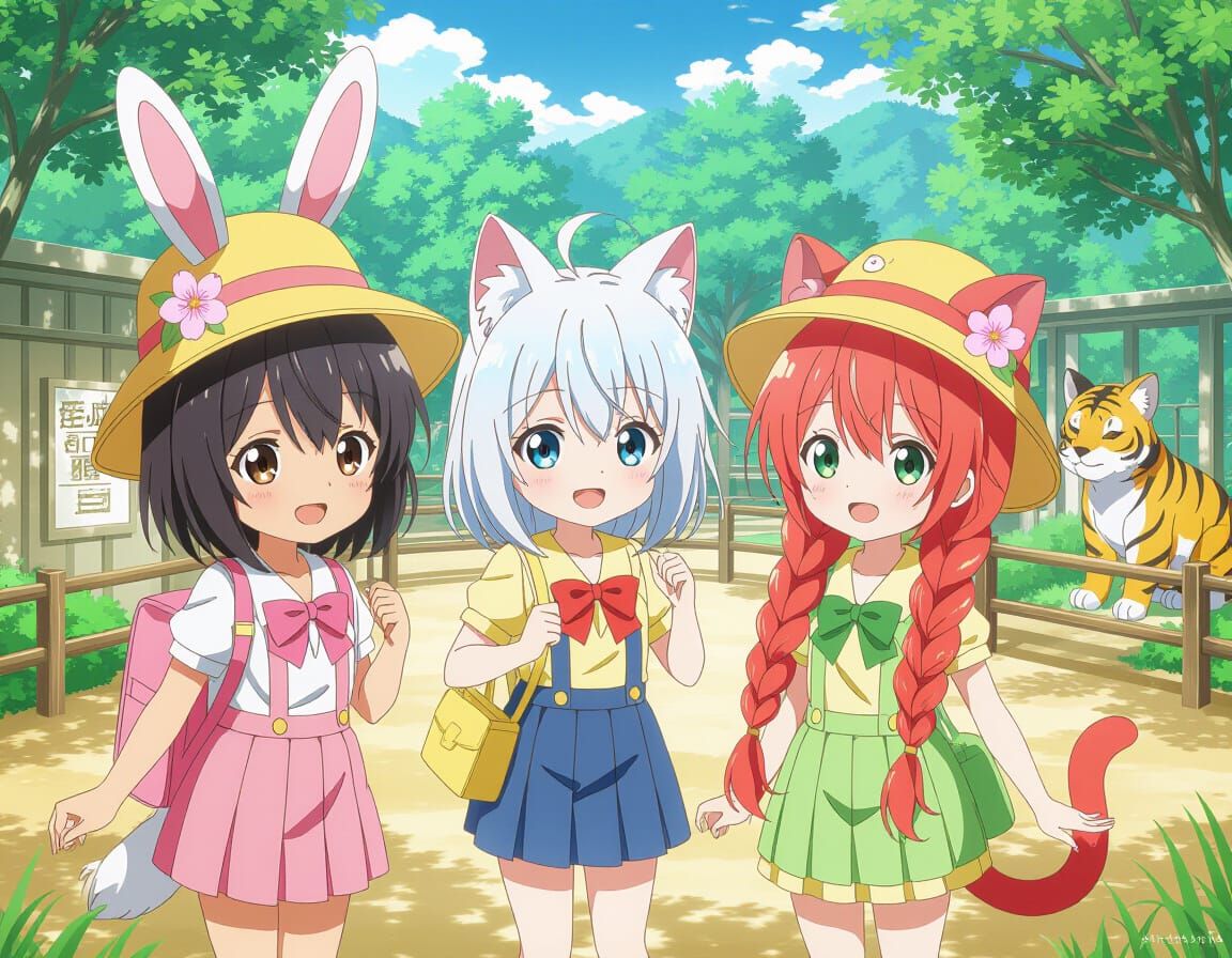 Kindergarten Girls at Zoo Tiger Exhibit - Anime Style