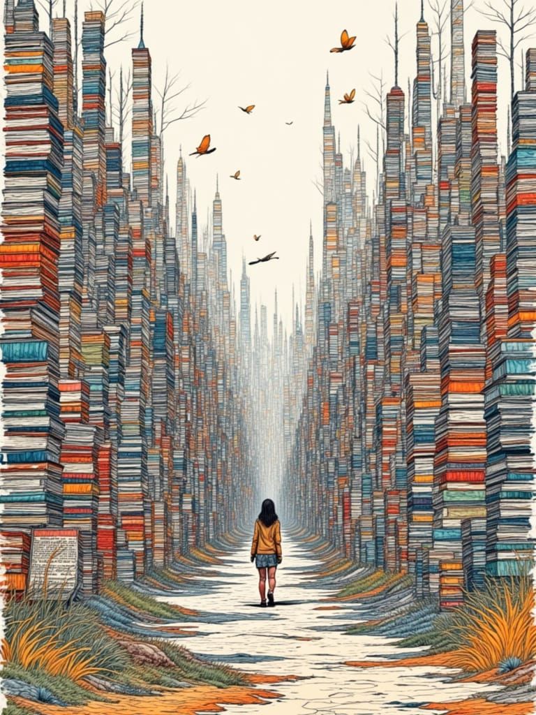 Surreal Book Cityscape in Watercolor Style