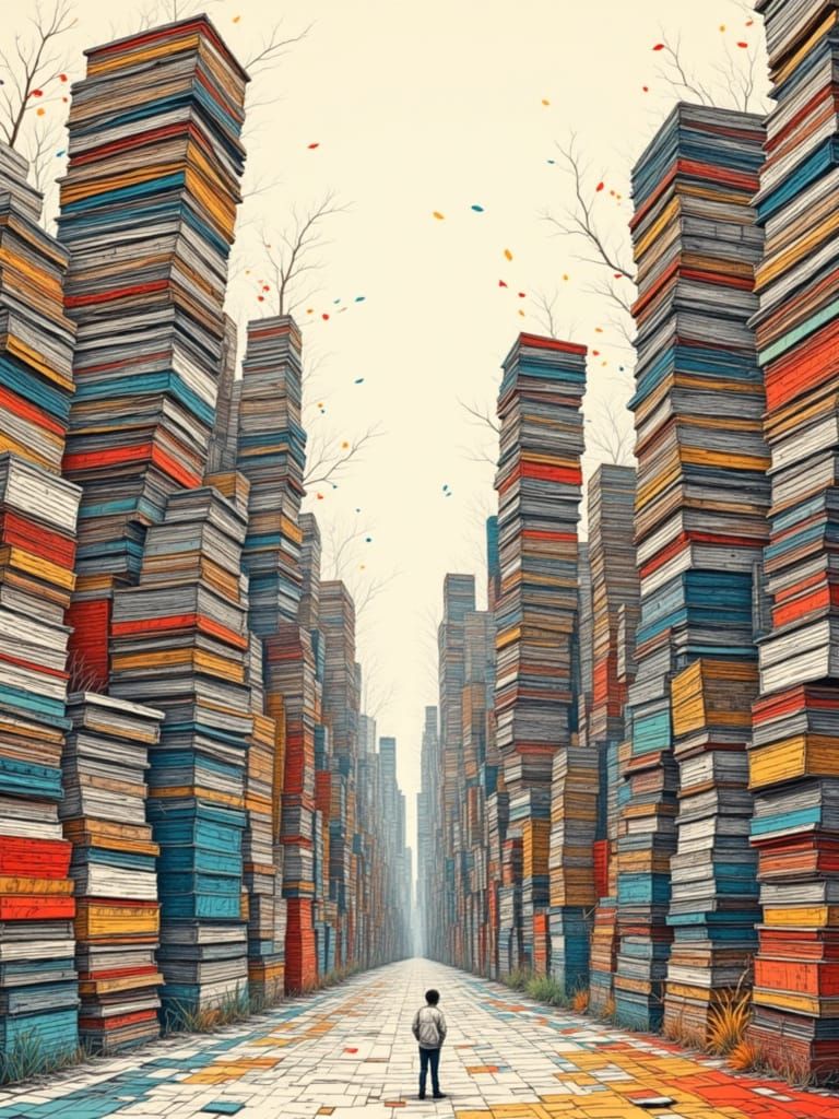 Surreal Book Cityscape in Watercolor Collage Style