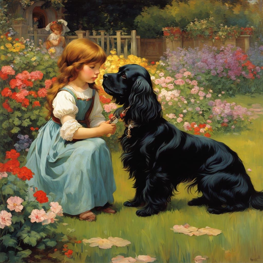 A Medieval Girl and Her Faithful Ruby Cocker Spaniel in a Vi...