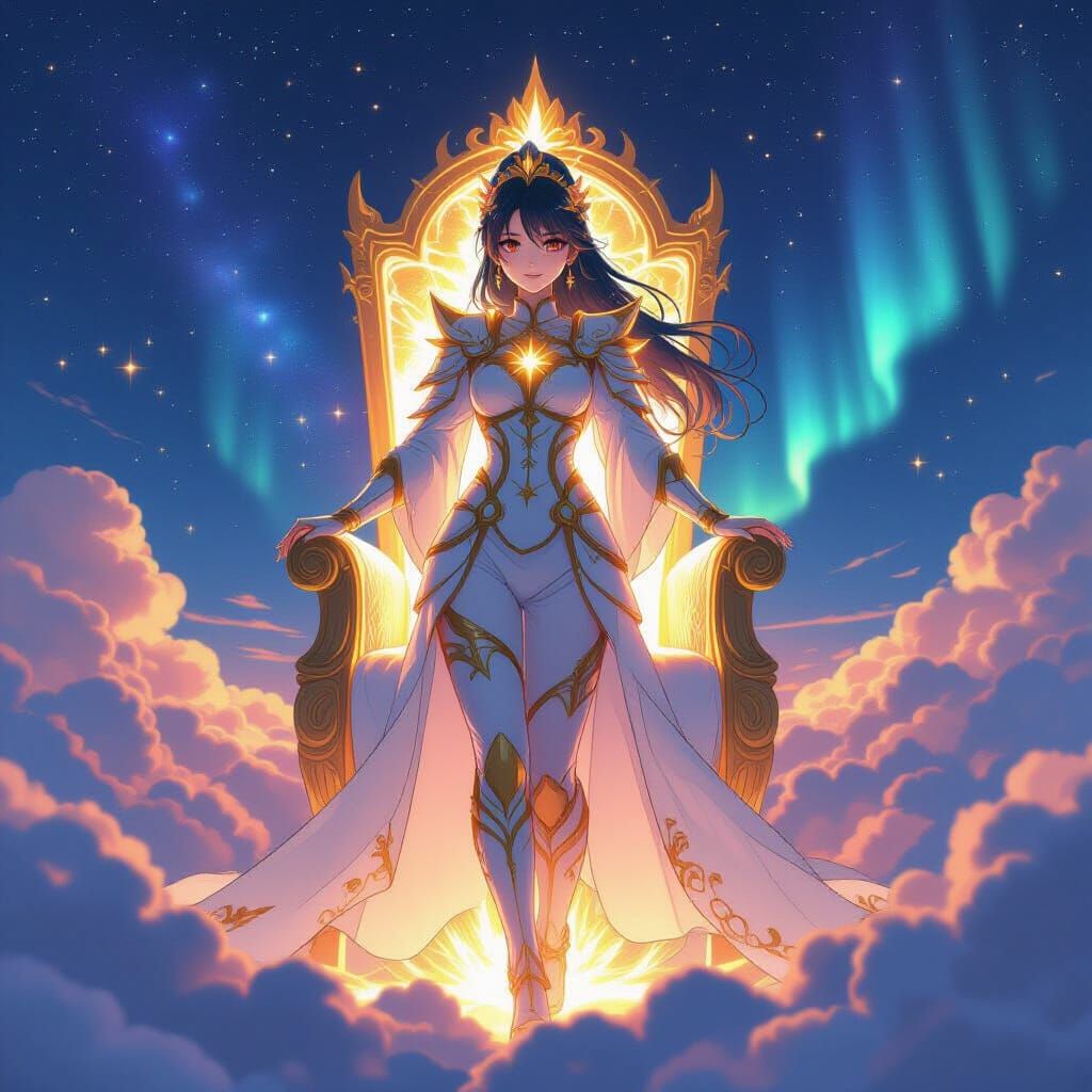 Anime Queen in Divine Pajama Armor on Cloud Throne