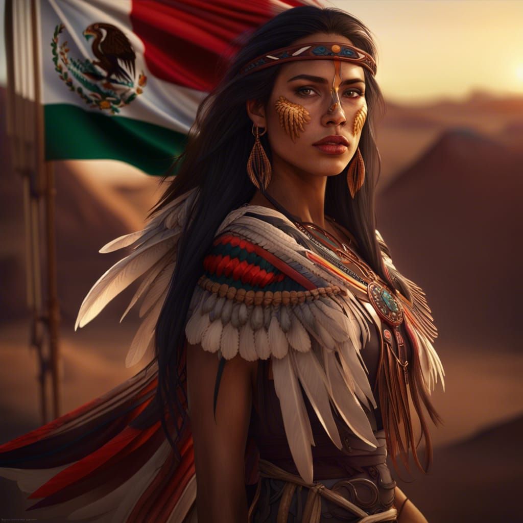 Indigenous Woman with Mexican Flag and Eagle