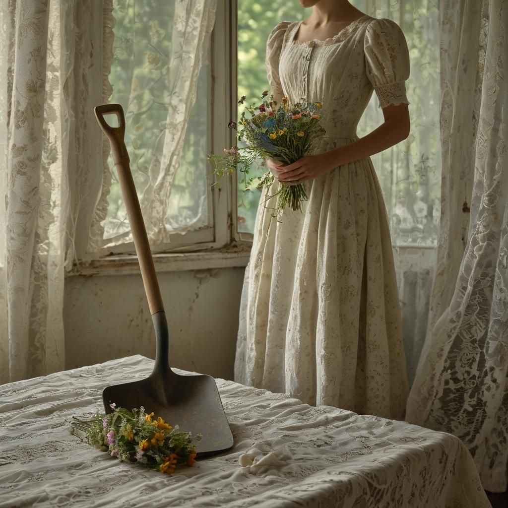 Elegant Woman with Shovel in Soft Natural Light