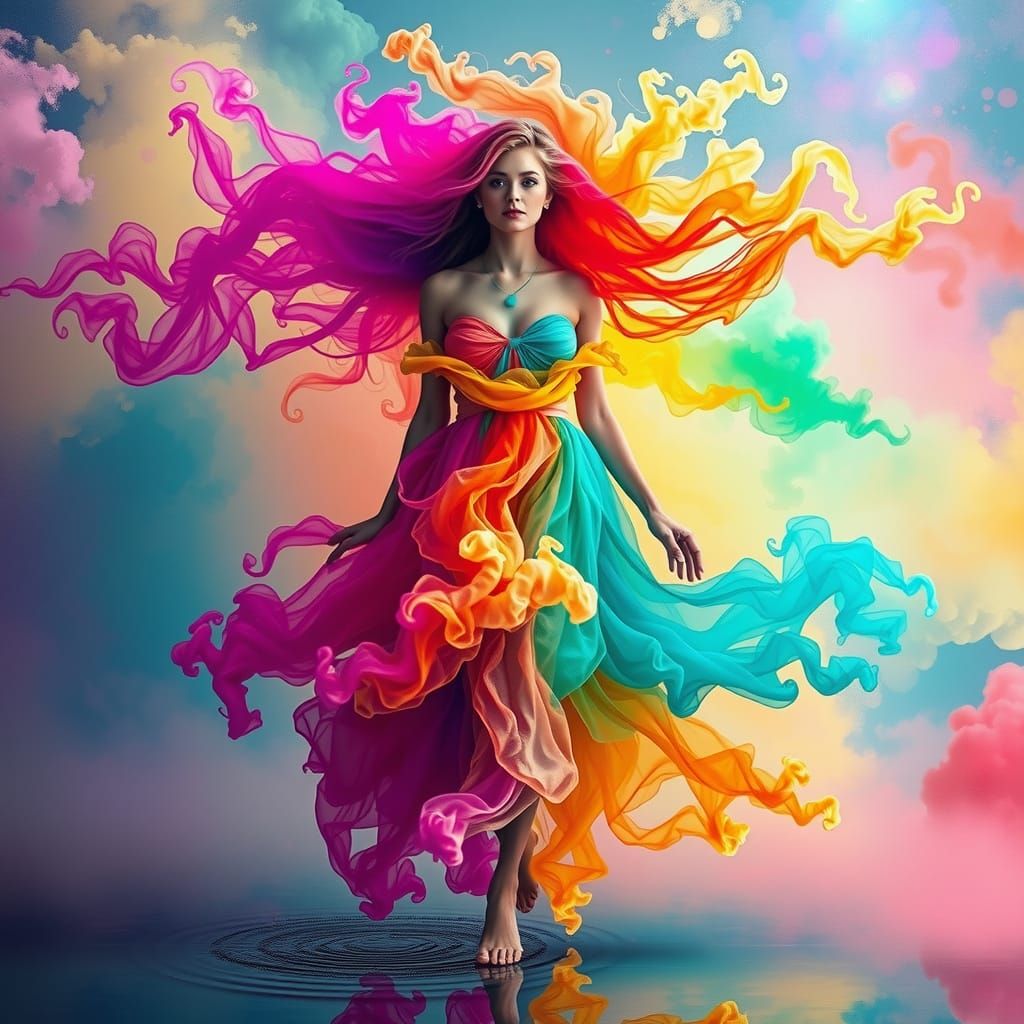 Chromatic Smoke: Woman in a Multidimensional Explosion