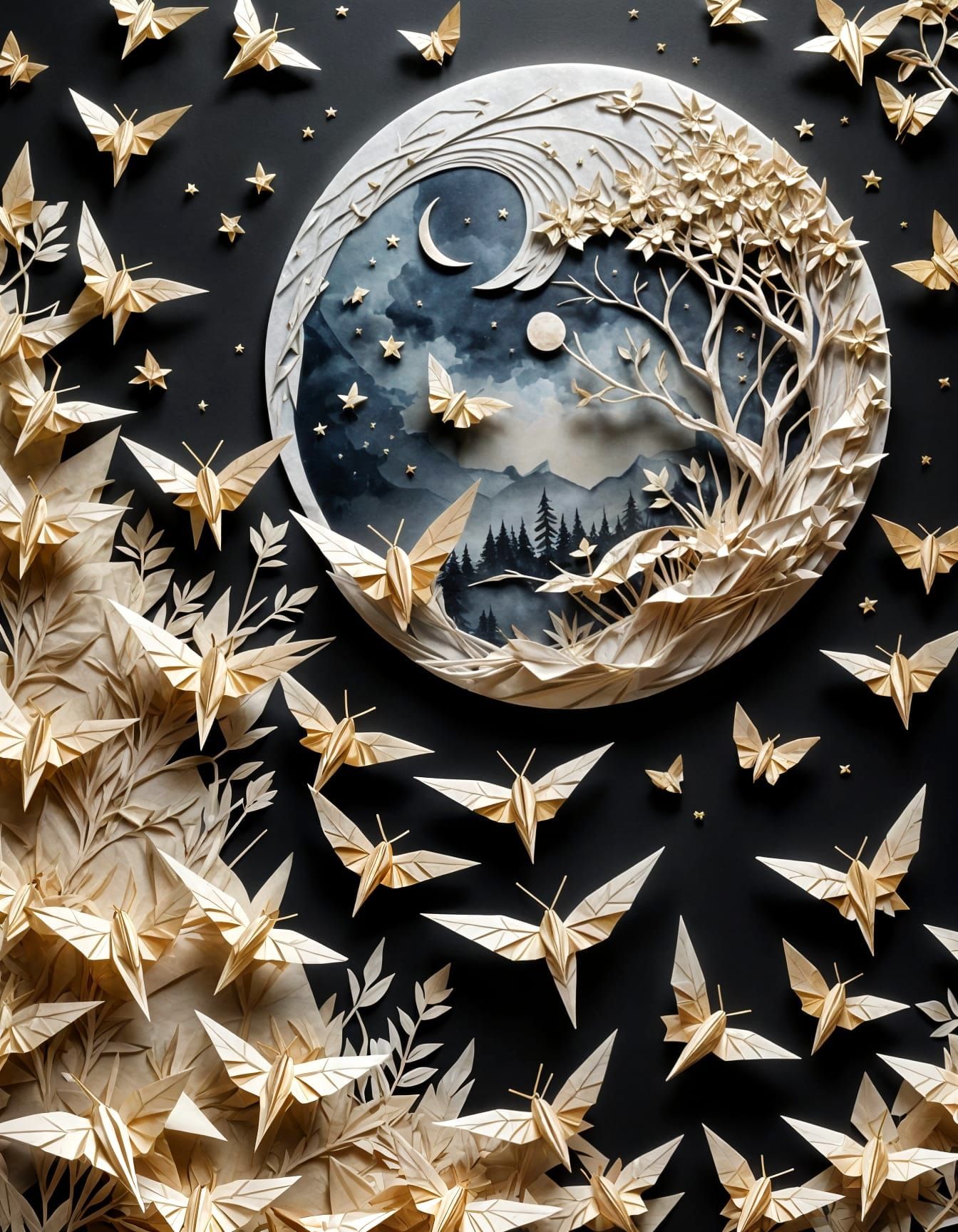 Origami Full Moon with Gold Outline