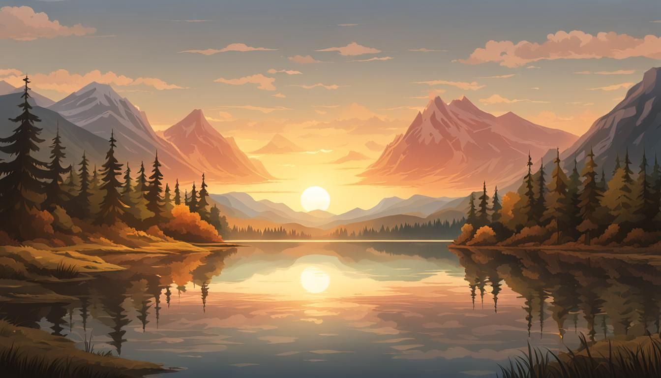 Peaceful Sunset Over Forest Lake Landscape