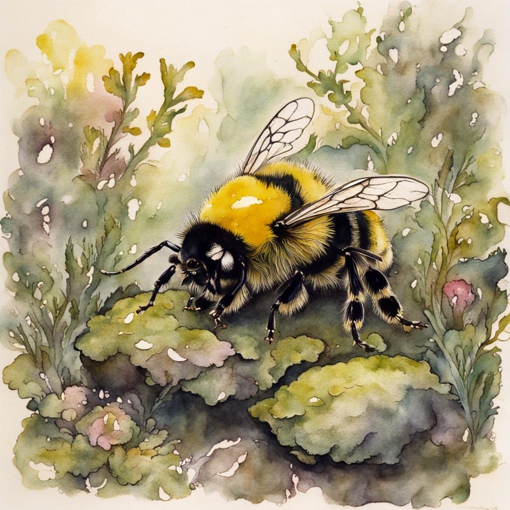 Bumblebee's Moss Bed: An Ink Wash Dream