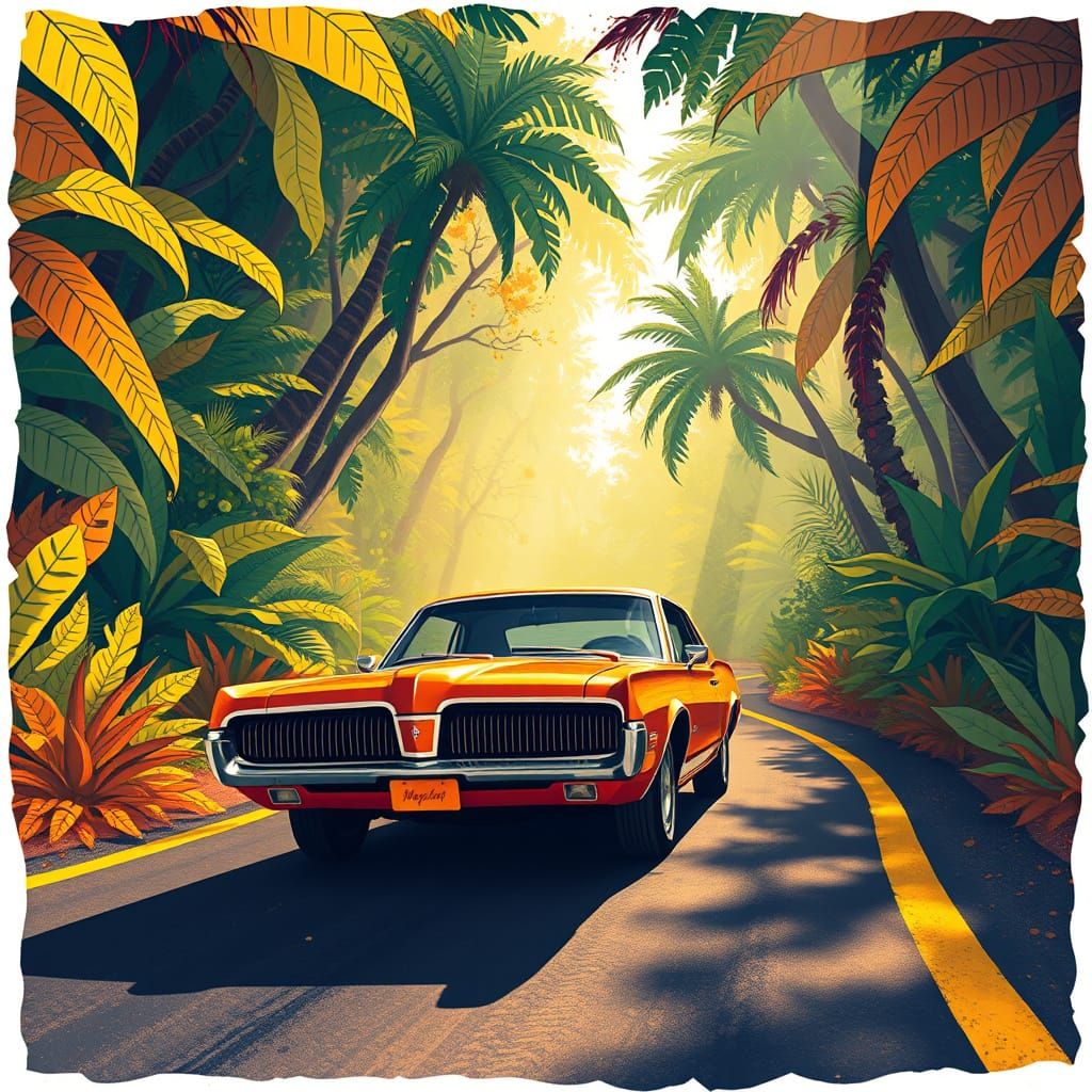 Vintage Cougar Roars Through Lush Jungle Road