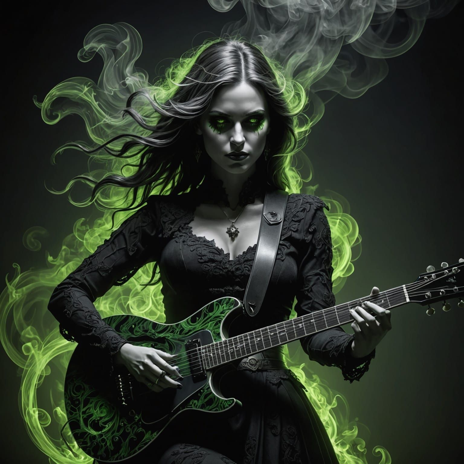 Sinister Shadow Woman Plays Guitar in the Dark
