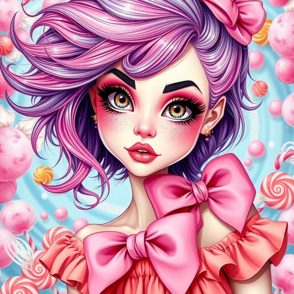 Vibrant Anime Goddess in Whimsical Candyland Wonderland