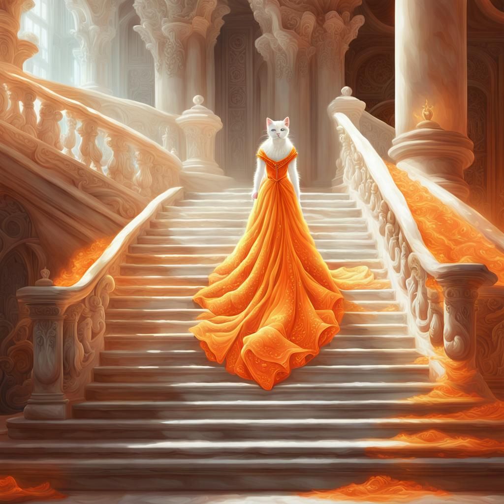 White Cat in Orange Gown on Staircase: Digital Art