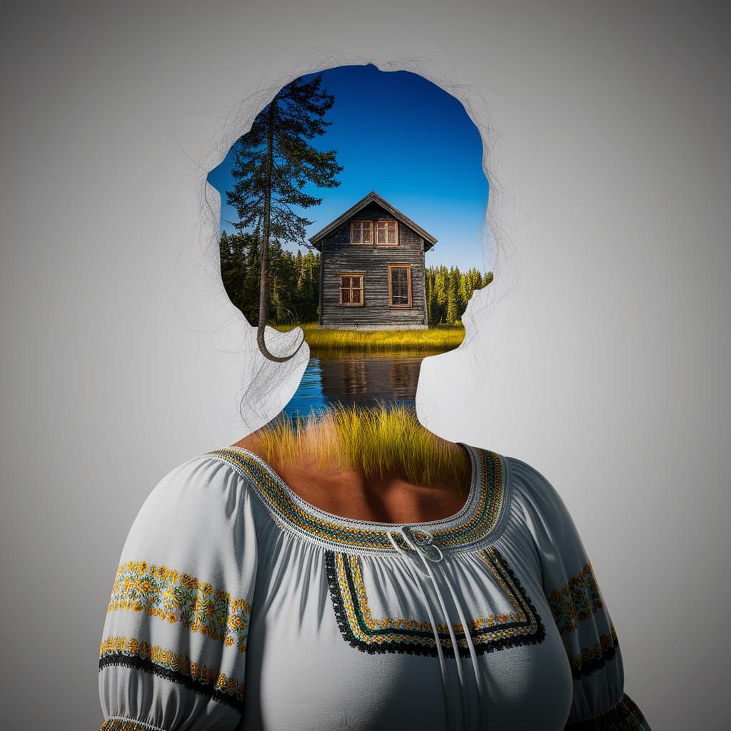 Ukrainian House with Silhouette in Double Exposure Style