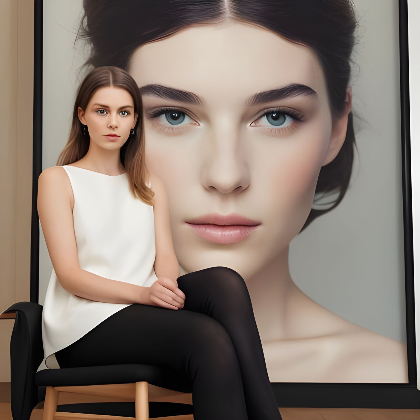 woman sat in delicate chair to the side of a giant fashion p...