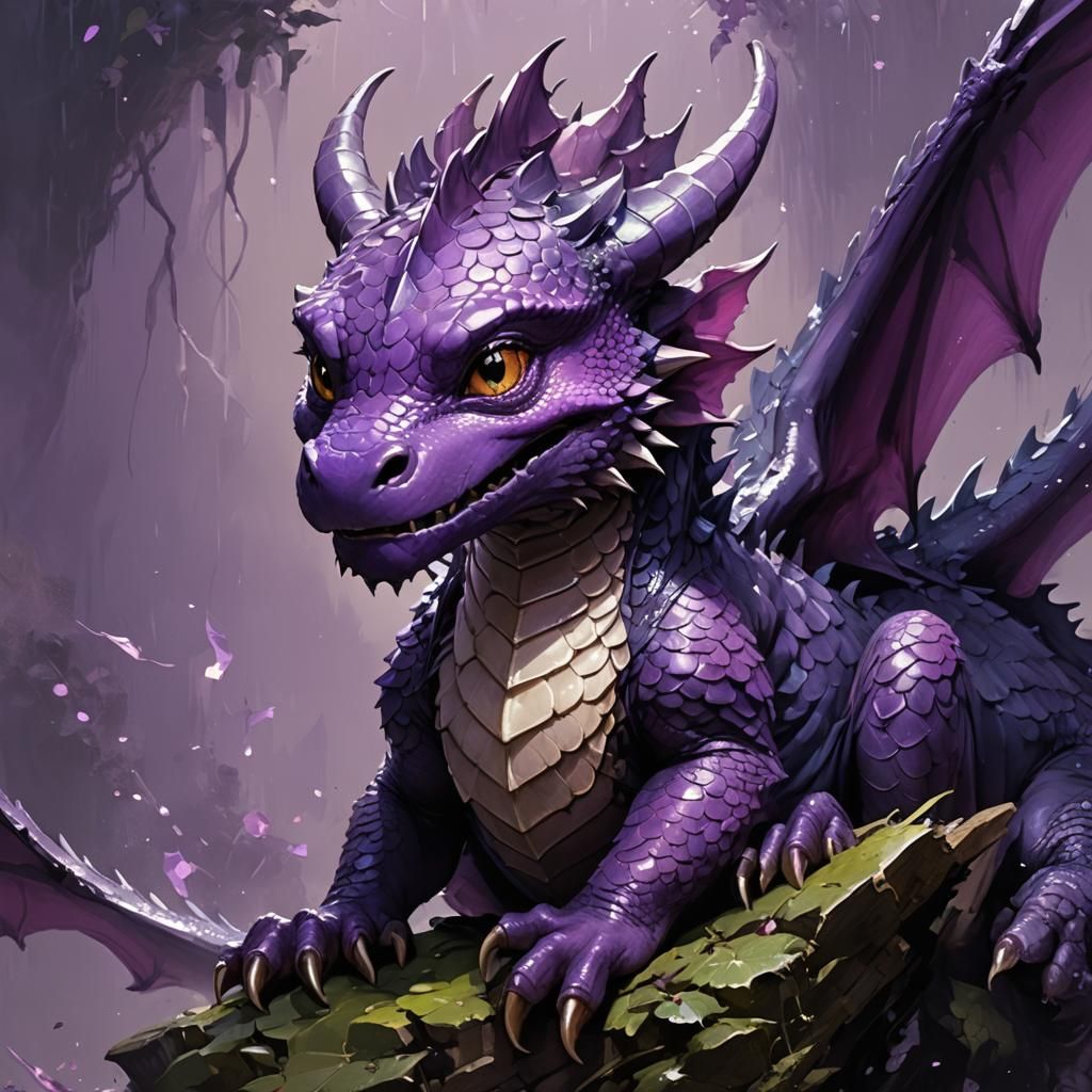 Adorable Purple Dragon in Oil Painting Style