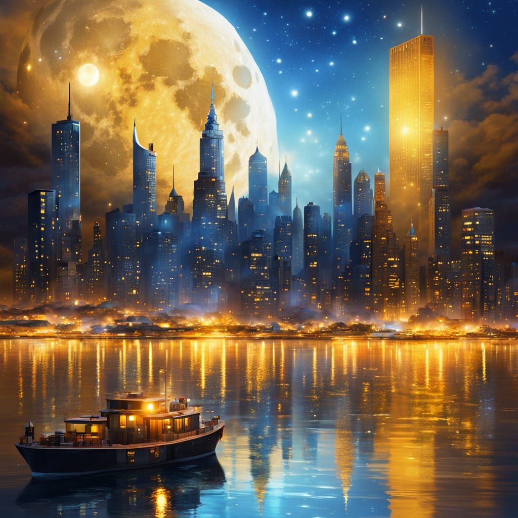 A surreal, glowing night cityscape