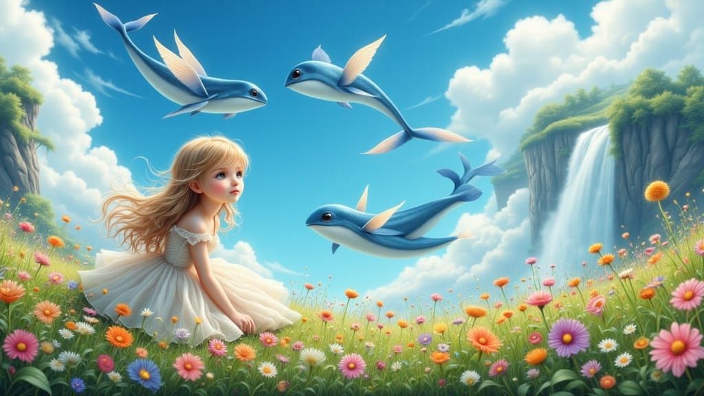 Whimsical Anime Girl in a Vibrant Meadow with Flying Whales