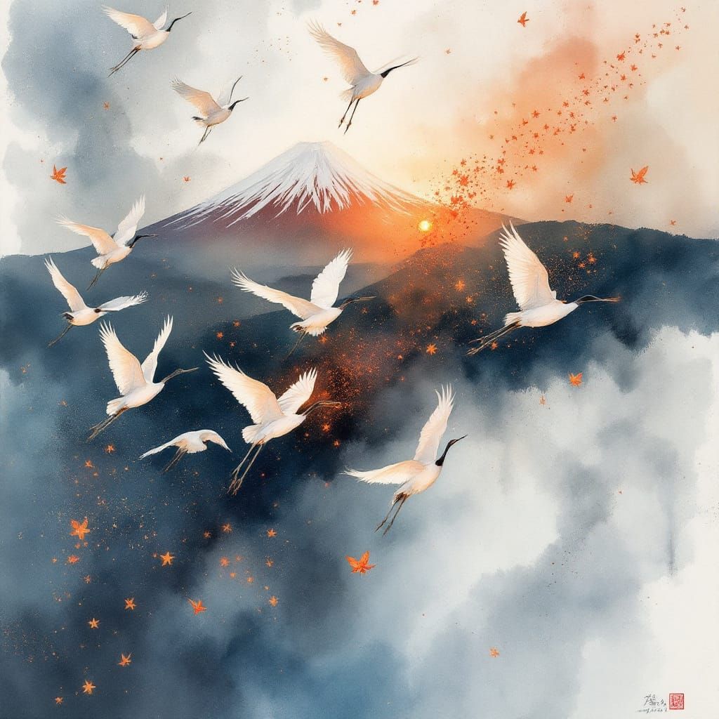 Ethereal Cranes in Flight Over Fuji, Watercolor Ink Art