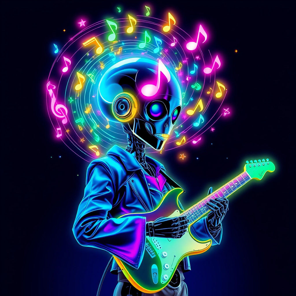 Holographic Robot Musician in Psychedelic Cyberpunk Style