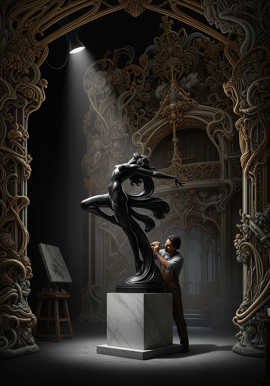 Art Deco Marble Sculpture in Dark Studio