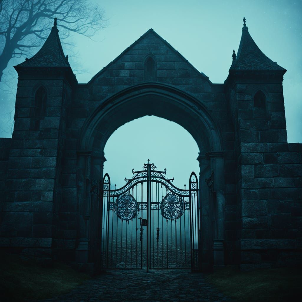 Gothic Gate Structure in Dark Field, Moody Film Noir Style