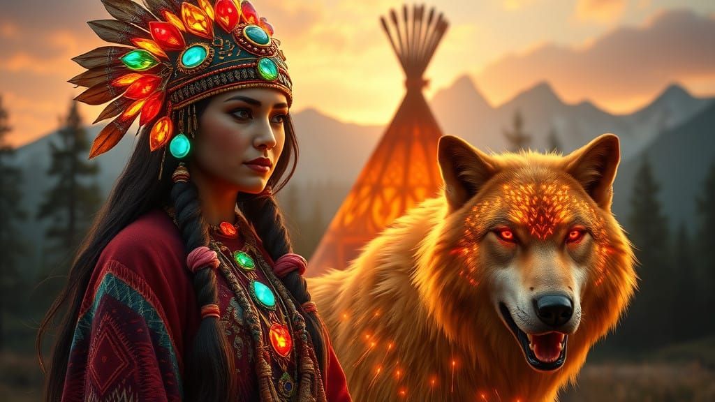 Mystical Native American Woman Amidst Golden Wolf, Teepee, a...