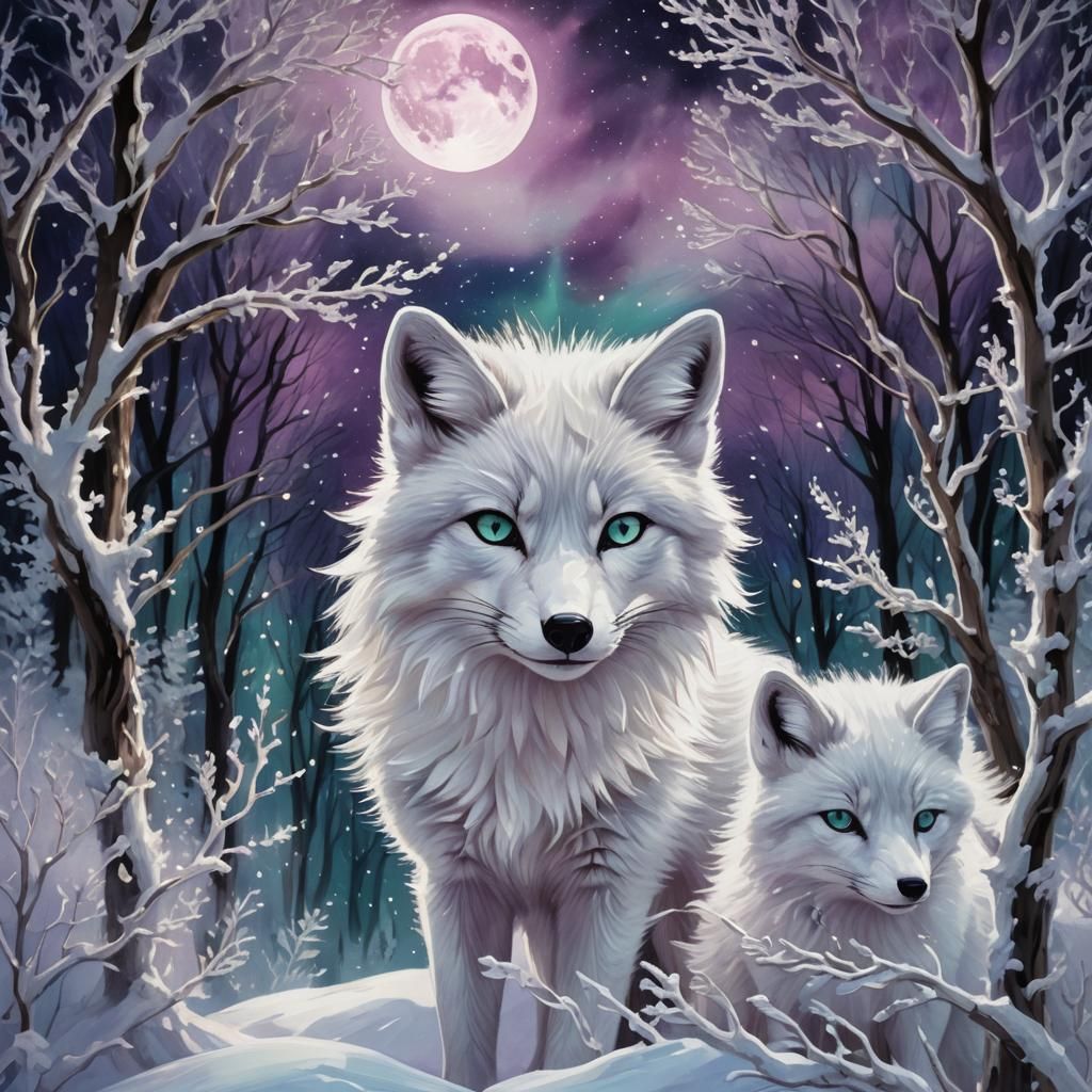 Arctic Foxes Under Aurora, Hyper-Realistic Digital Painting