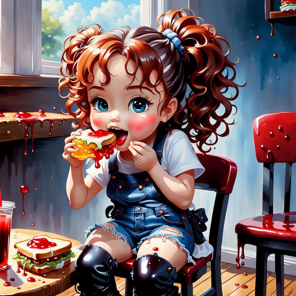 A glossy whimsical wet airbrush oil painting of a little chibi girl eating a really wet and juice jelly filled sandwich,...