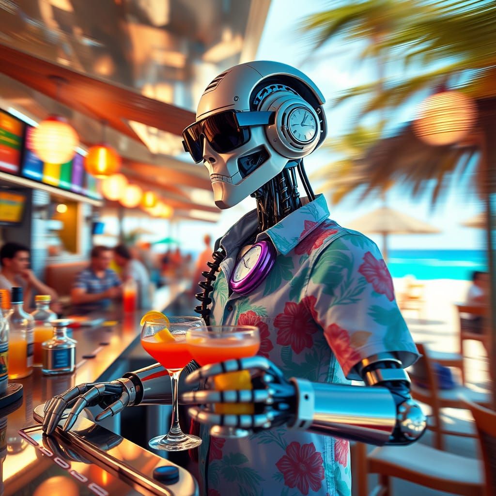 Robot Bartender Serving Cocktails at Beach Bar