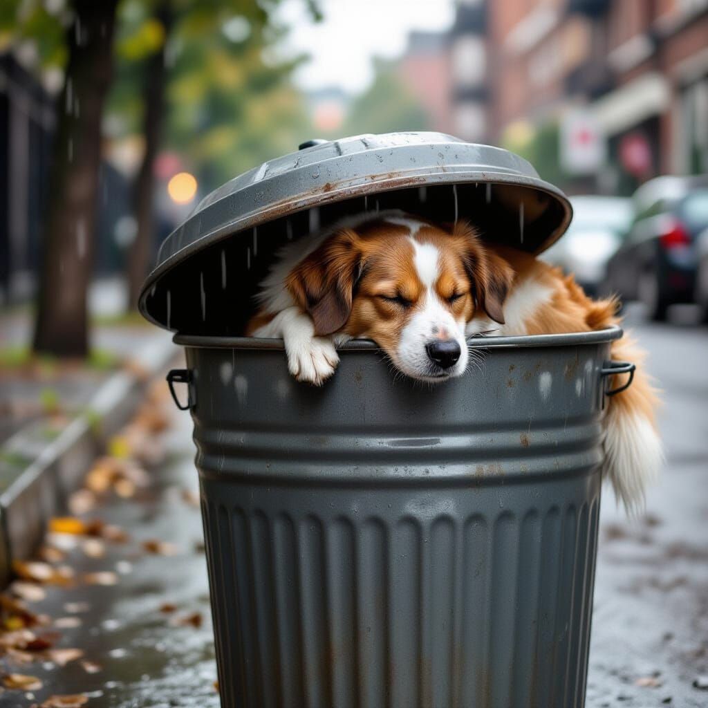 Dog Sleeping Peacefully in a Trashcan